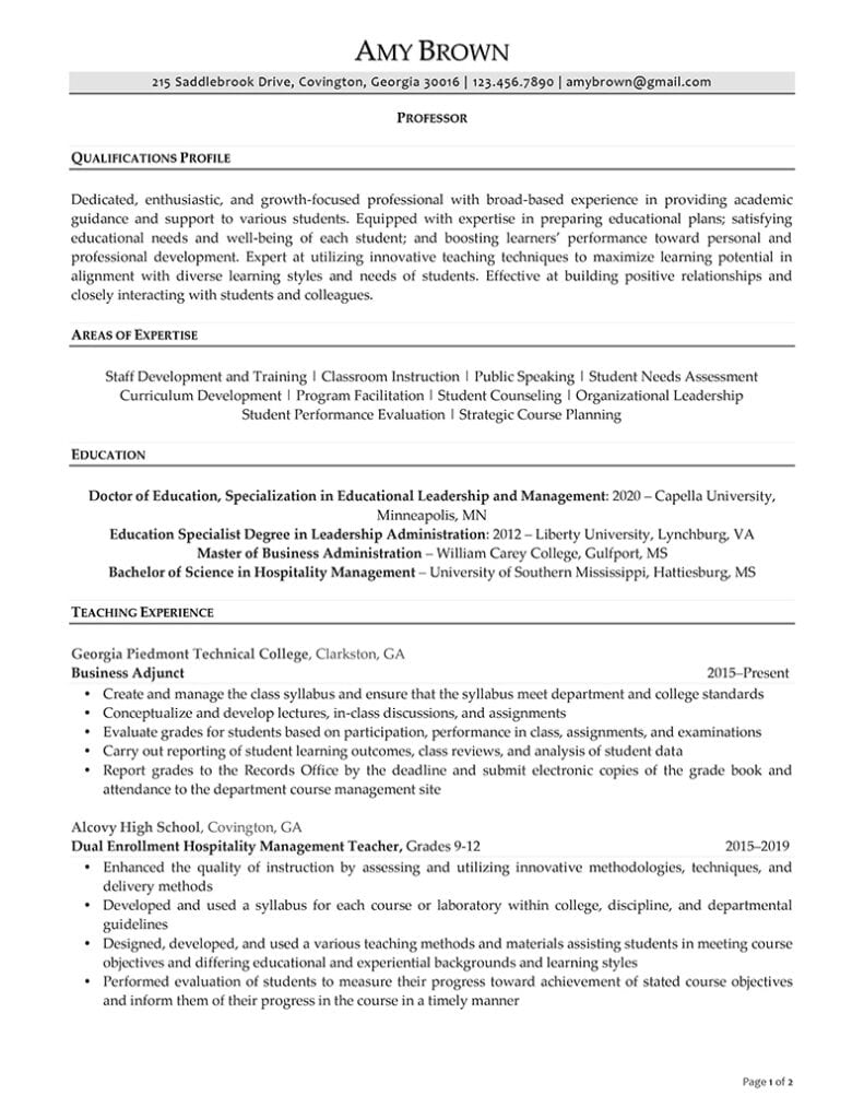 Page 1 Of A Faculty Resume Example Prepared By Resume Professional Writers