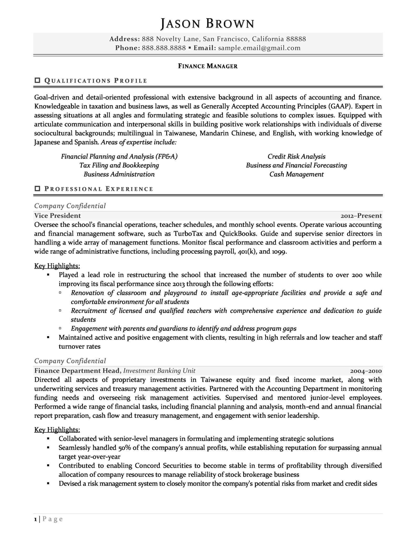 financial reporting manager resume