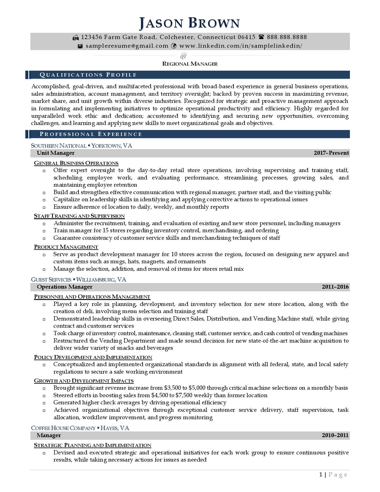 resume examples regional manager