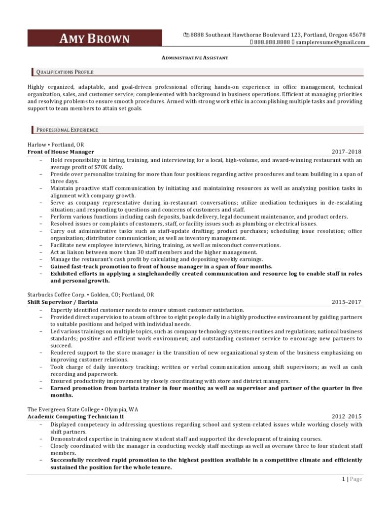 Pages 1 Of An Administrative Assistant Resume Example Prepared By Resume Professional Writers
