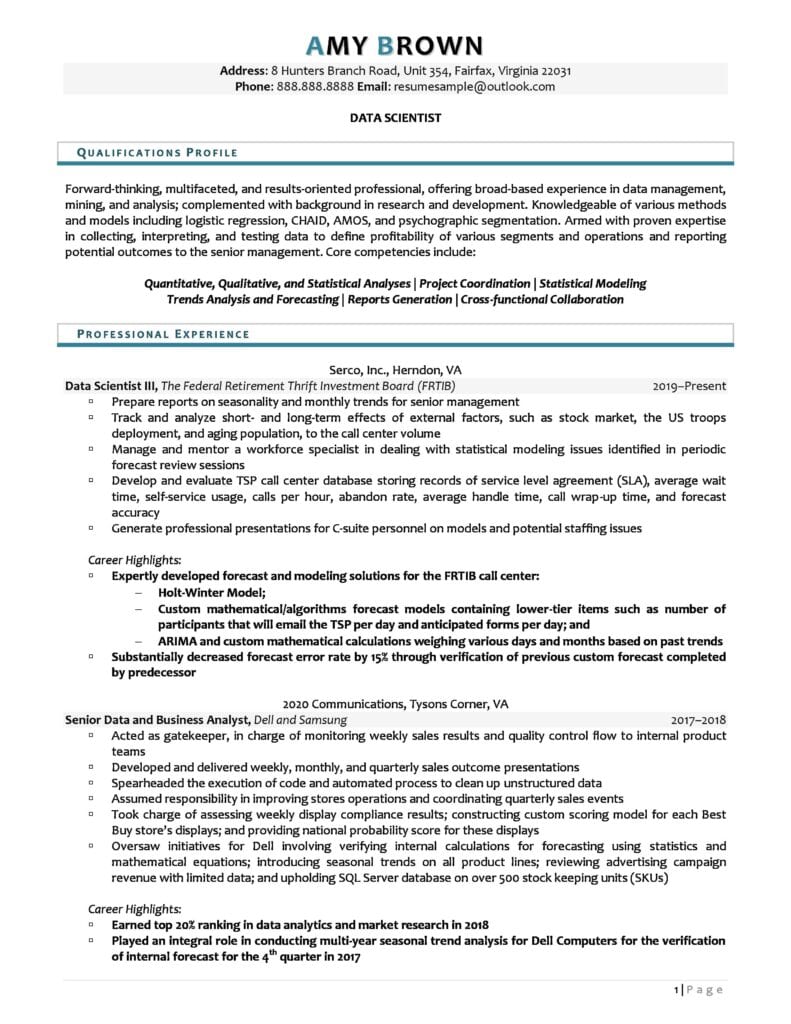 Page 1 Of A Data Scientist Resume Example Prepared By Resume Professional Writers