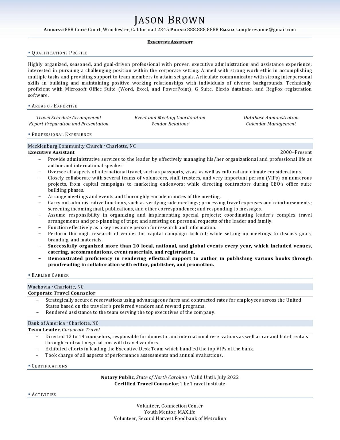 resume sample executive assistant