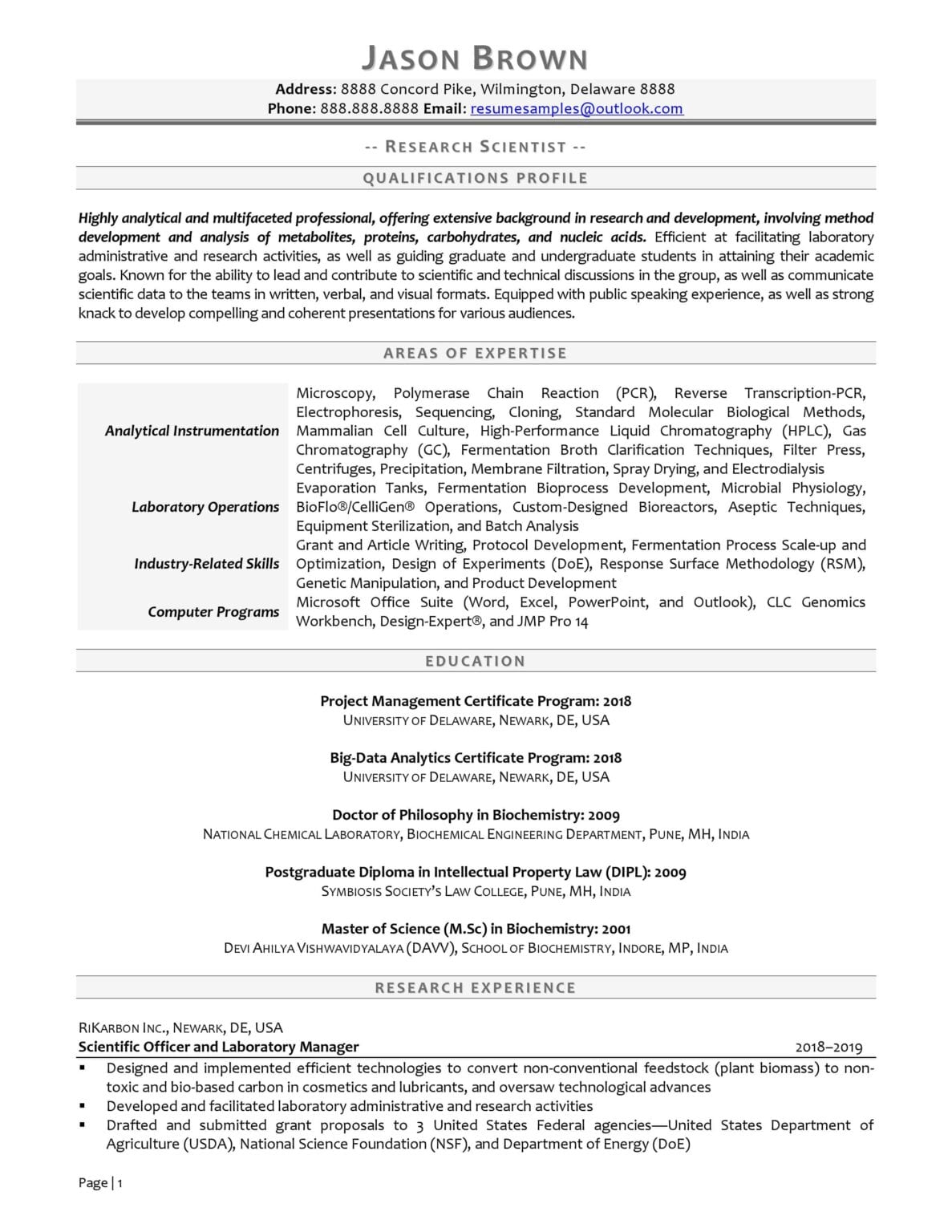 resume samples for research and development