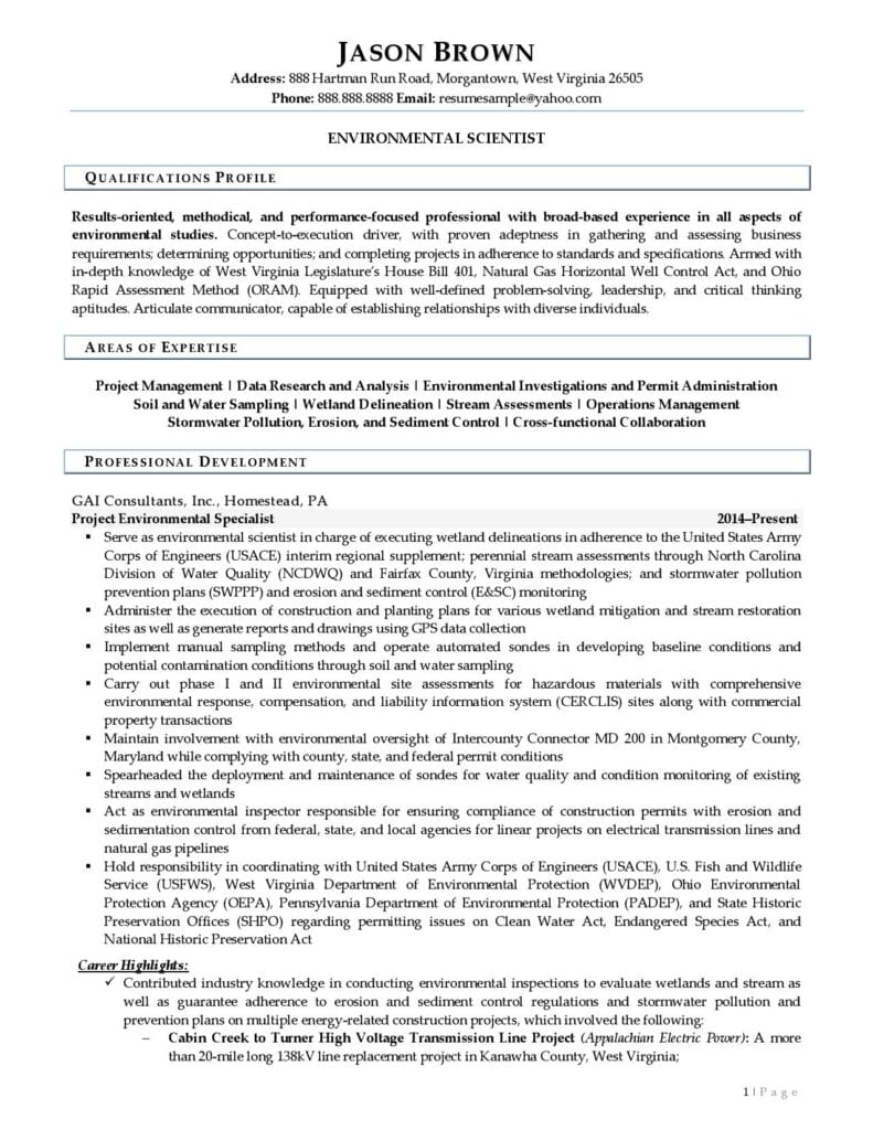 Page 1 Of An Environmental Scientist Resume Example Prepared By Resume Professional Writers