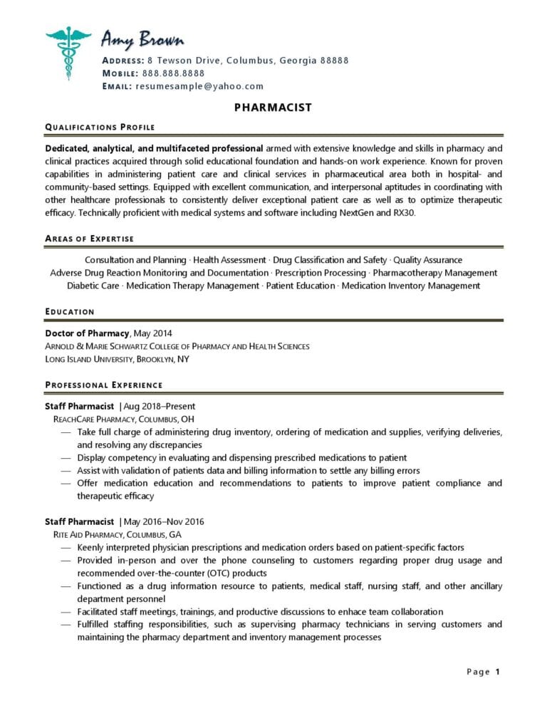 simple resume format for pharmacy