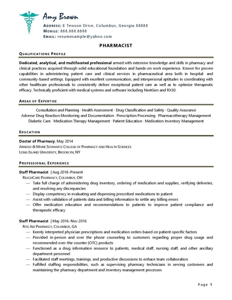 Page 1 Of A Pharmacist Resume Example Prepared By Resume Professional Writers