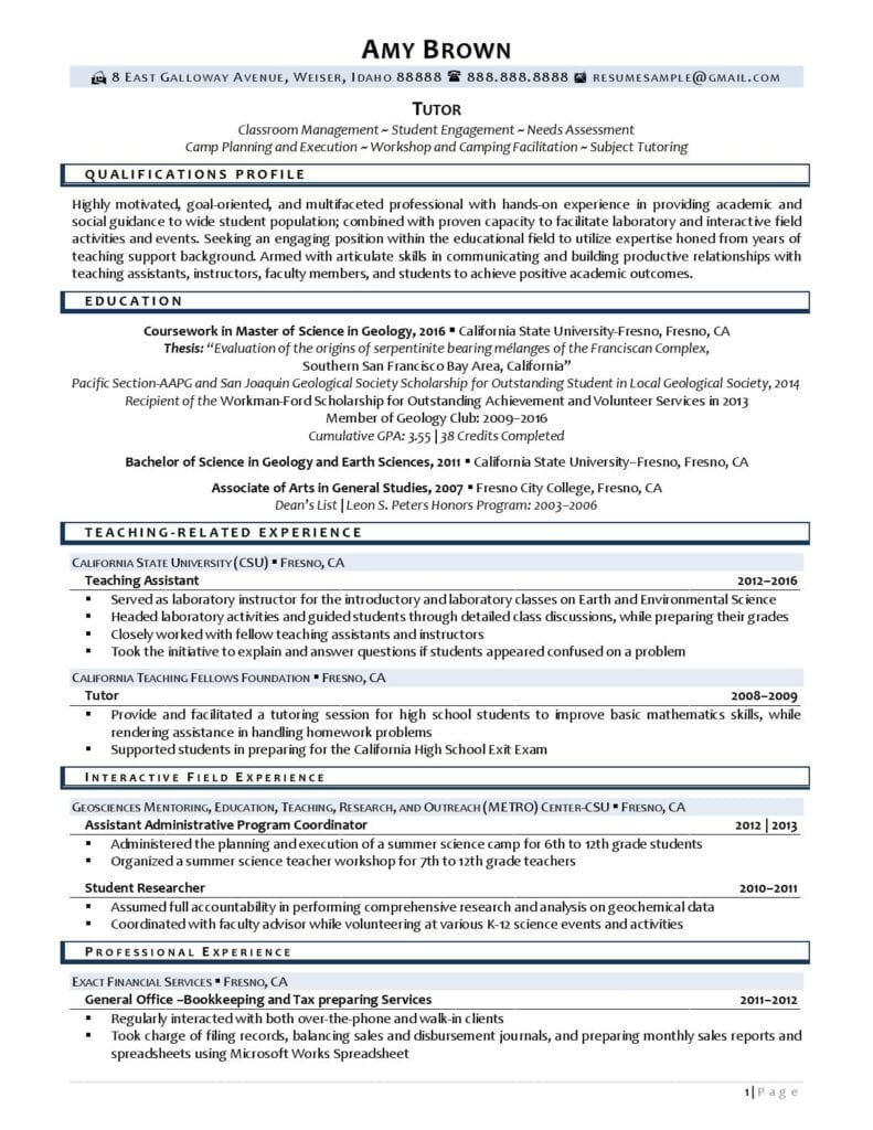 Page 1 Of A Tutor Resume Example Prepared By Resume Professional Writers