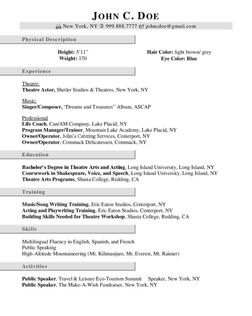 Front Page Of An Acting Resume Example Written By Resume Professional Writers