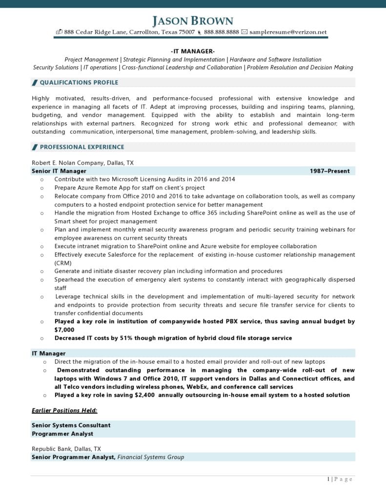 Page 1 Of An It Manager Resume Example Prepared By Resume Professional Writers 