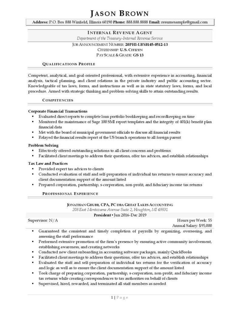 Federal Resume Sample For Finance Page 1