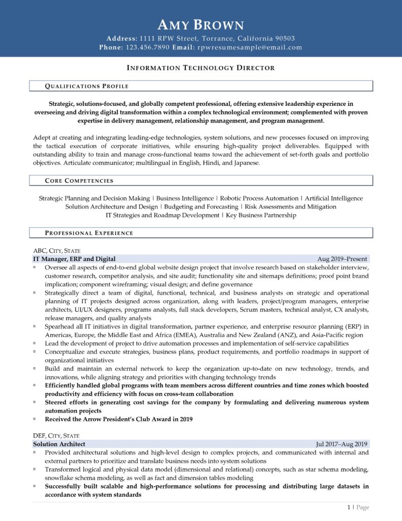 Page 1 Of An Effective It Director Resume Example Prepared By Resume Professional Writers