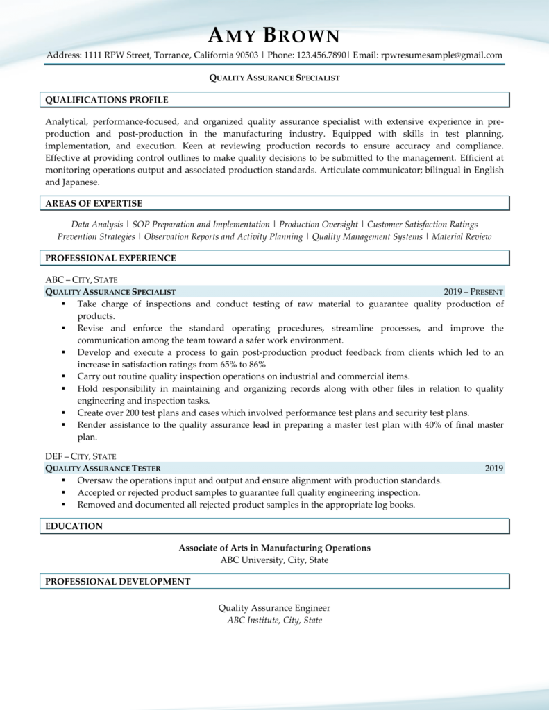 Rpw Quality Assurance Specialist Resume Example
