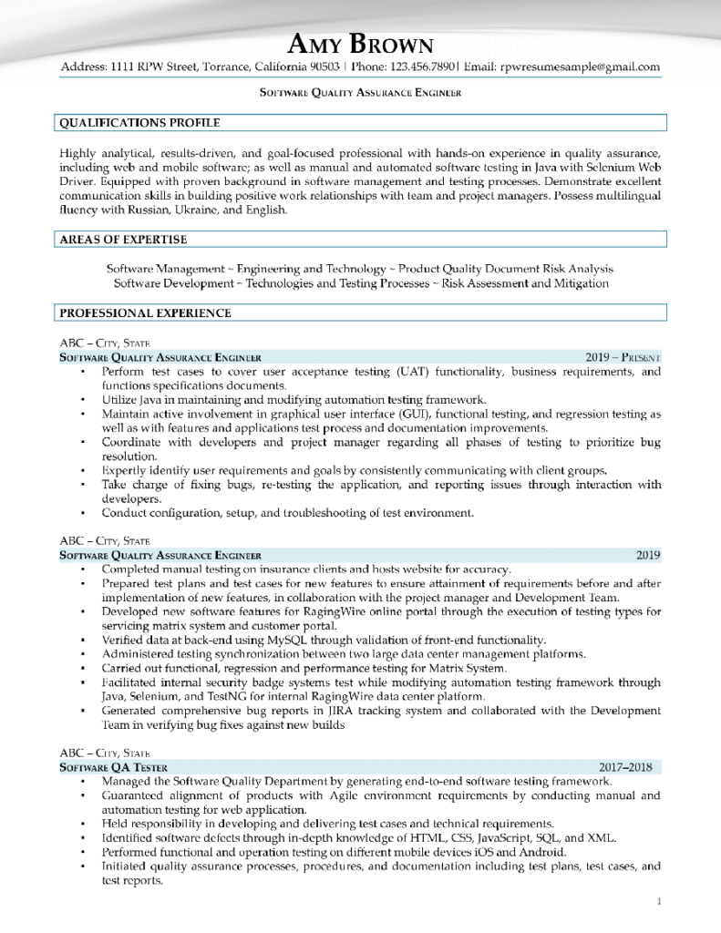 Software Quality Assurance Engineer Resume Example Page One