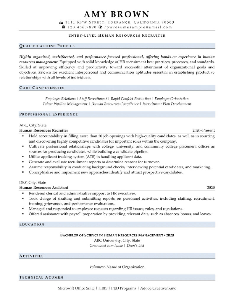Entry-Level Human Resources Resume Example Prepared By Rpw Resume Writers