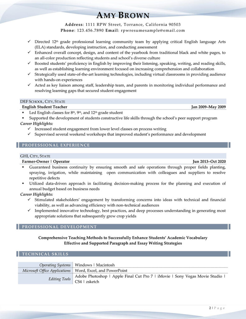 Rpw Teacher Resume Example Page Two