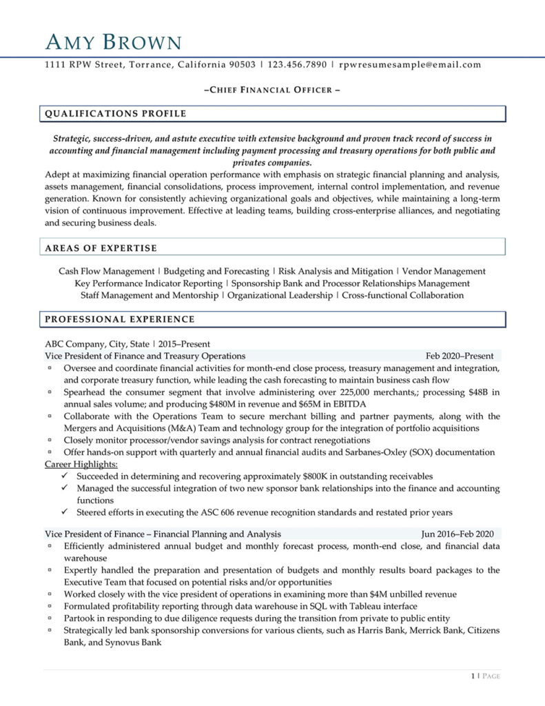 Page 1 Of Cfo Resume Example Prepared By Resume Professional Writers.