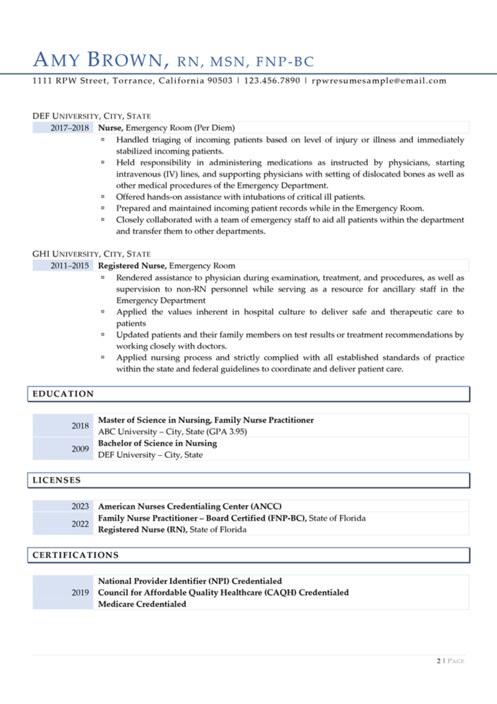 Page Two Of Nurse Practitioner Resume Example Prepared By Resume Professional Writers