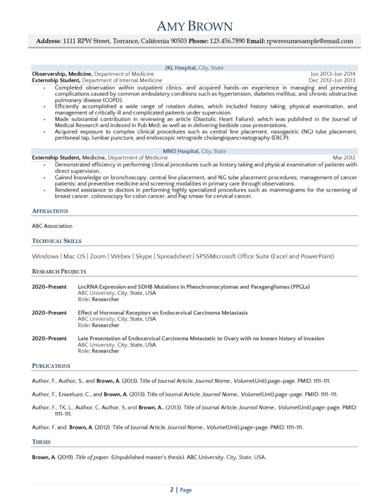 Externship Resume Example Page Two