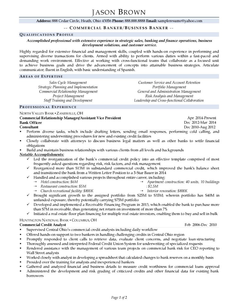 Page 1 Of A Business Banker Resume Example Prepared By Resume Professional Writers