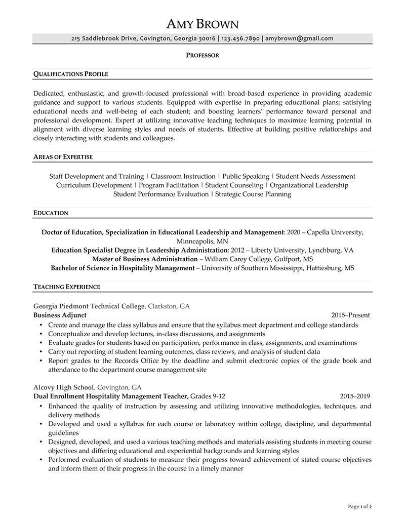 Faculty Resume Example Page 1