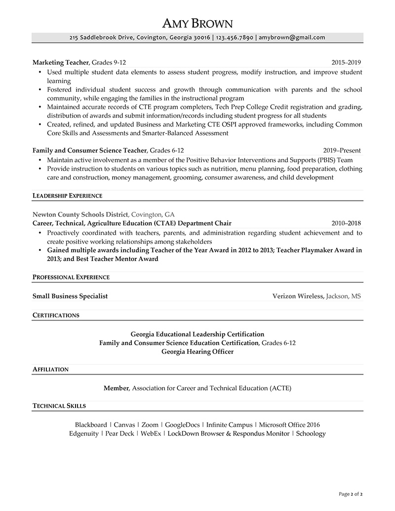 Faculty Resume Example Page 2