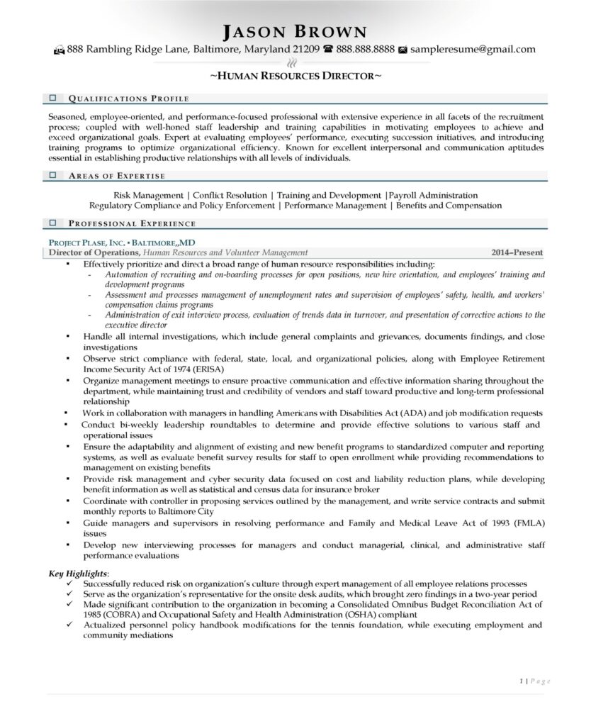 Page 1 Of A Human Resources Director Resume Prepared By Resume Professional Writers