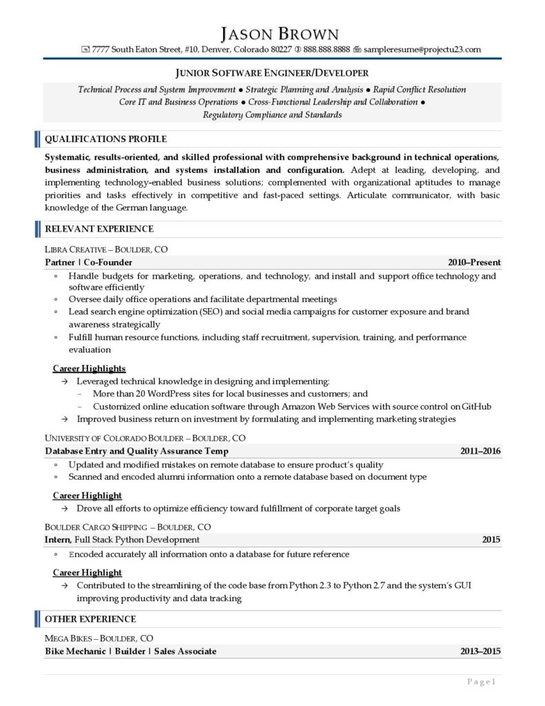 Page 1 Of A Junior Software Engineer Resume Example Prepared By Resume Professional Writers