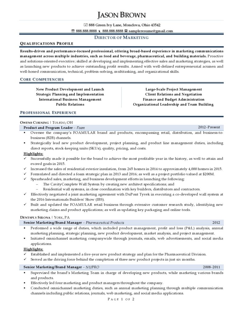 Pages 1 Of A Marketing Director Resume Example Prepared By Resume Professional Writers 