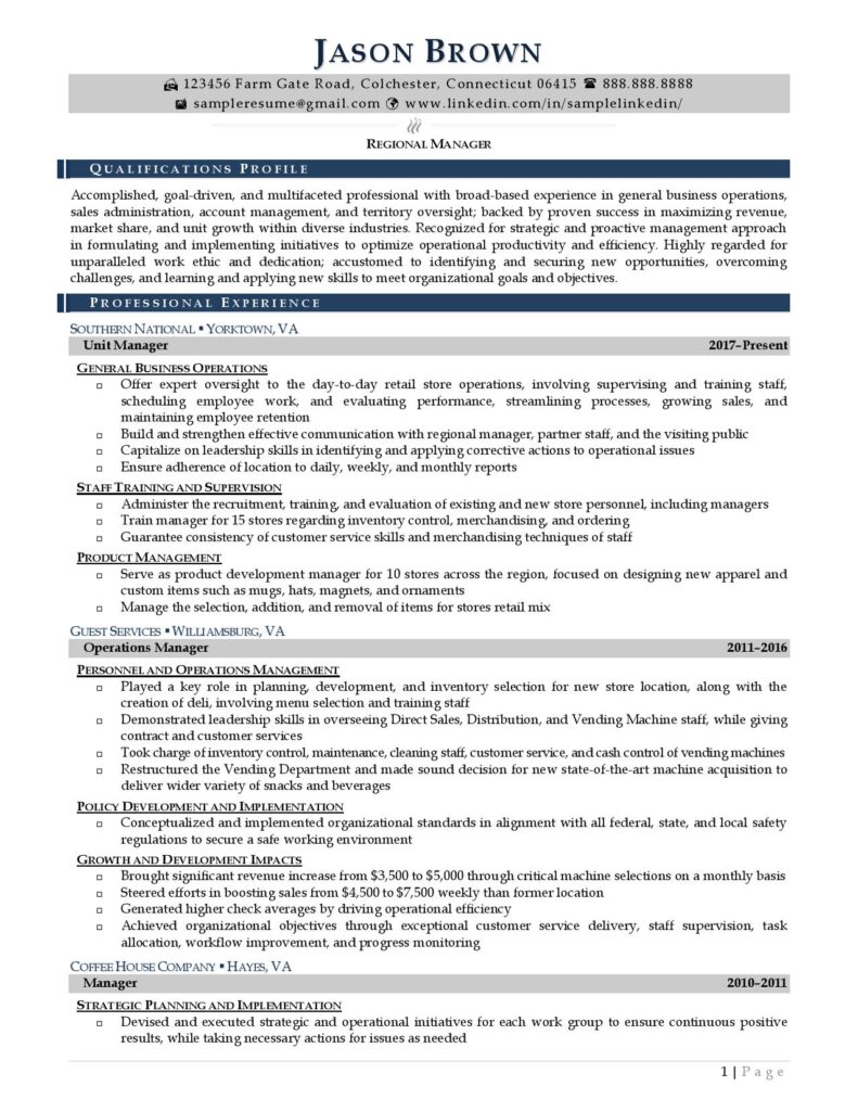 Page 1 Of A Regional Manager Resume Example Prepared By Resume Professional Writers