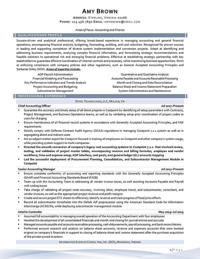 Chief Accounting Officer Resume Example Page One