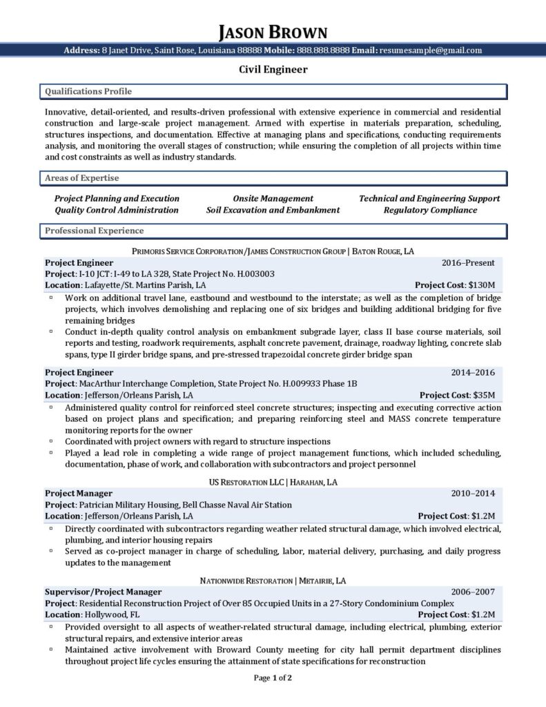 Page 1 Of A Civil Engineer Resume Example Prepared By Resume Professional Writers