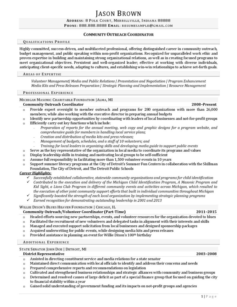 Page 1 Of A Community Outreach Coordinator Resume Example Prepared By Resume Professional Writers