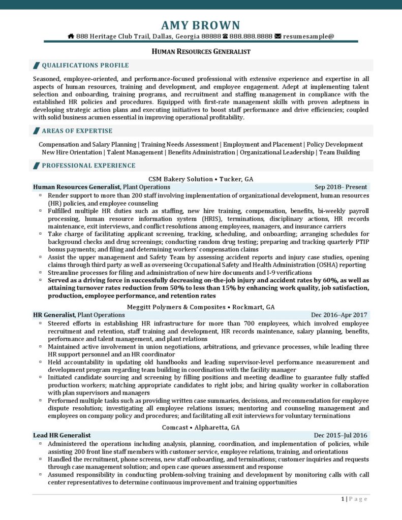 Page 1 Of A Human Resources Generalist Resume Example Prepared By Resume Professional Writers