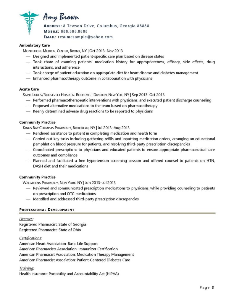 Page 3 Of A Pharmacist Resume Example Prepared By Resume Professional Writers 
