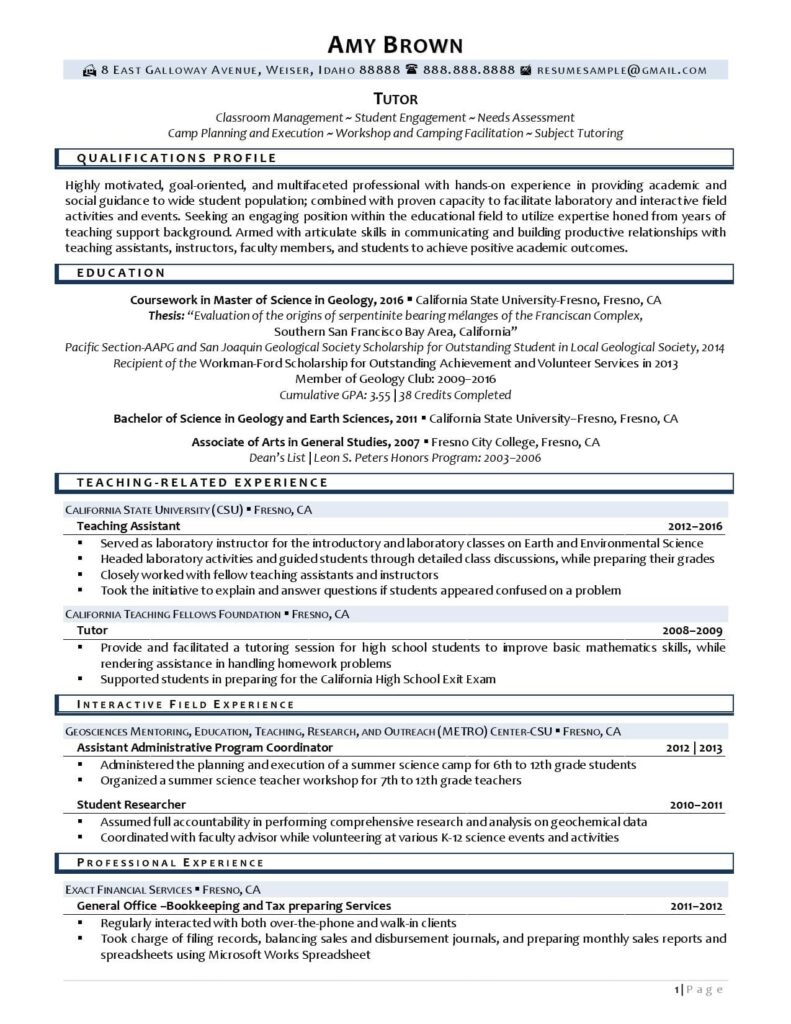 Tutor Resume Example Page 1