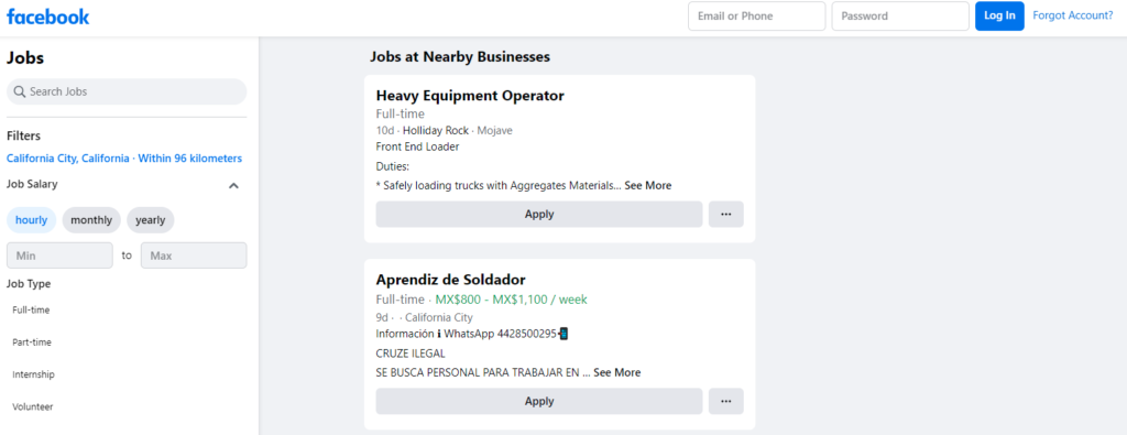 Facebook Jobs Homepage With Filtered Nearby Job Postings