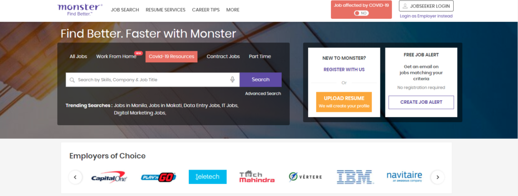 Monster Homepage As Best Job Search Engines To Upload A Resume