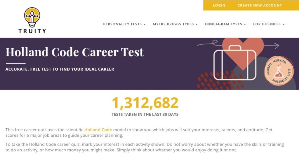 Homepage Of Truity Holland Code Career Test