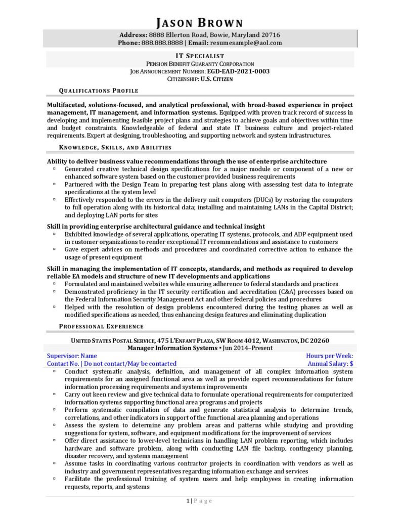 Federal Resume Sample For Information Technology Page 1