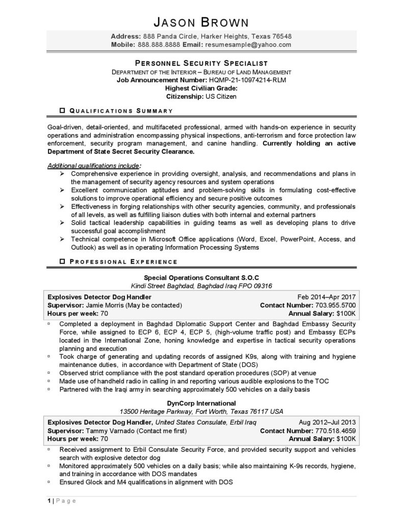 Federal Resume Sample For Military Page 1