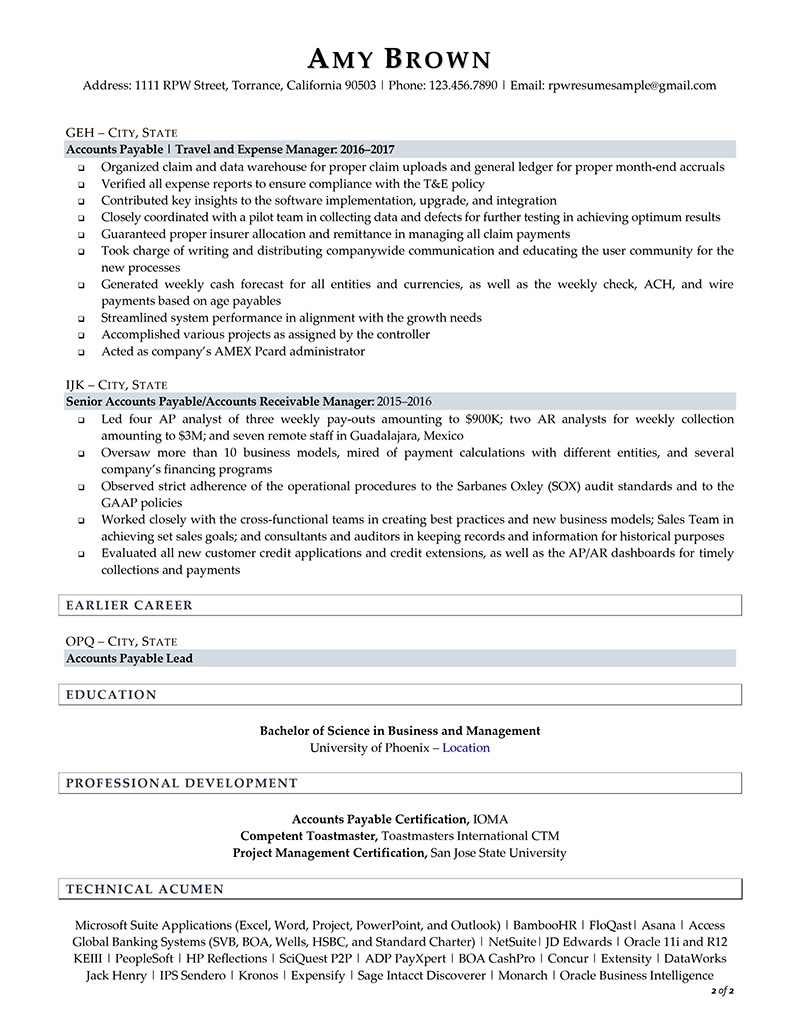 Accounts Payable Resume Example Page Two