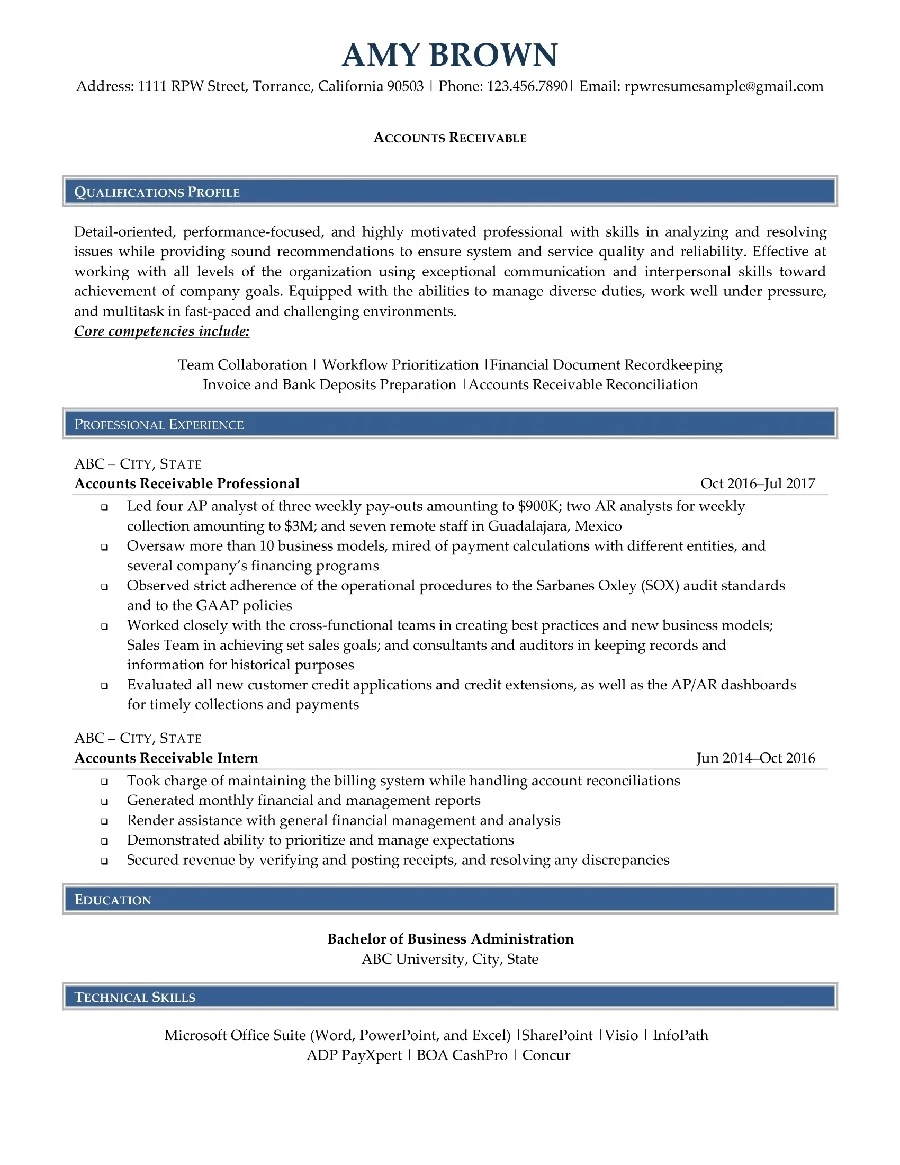 Accounts Receivable Resume Example