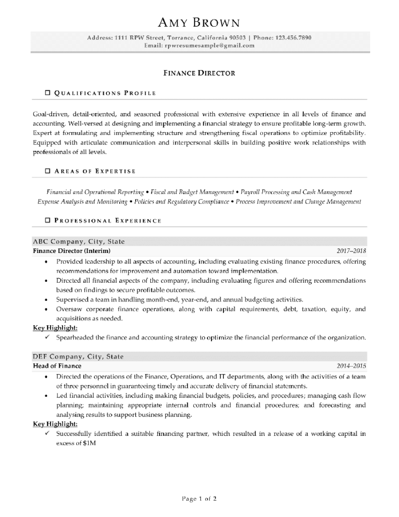 Finance Director Resume Example Page One