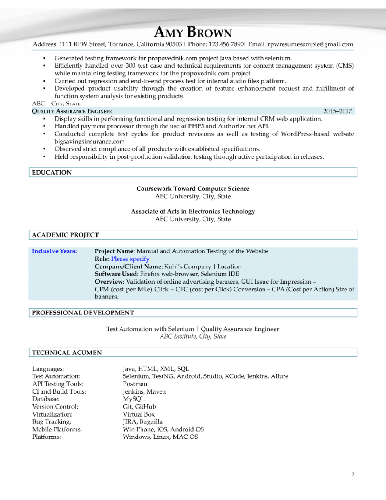 Software Quality Assurance Engineer Resume Example Page Two