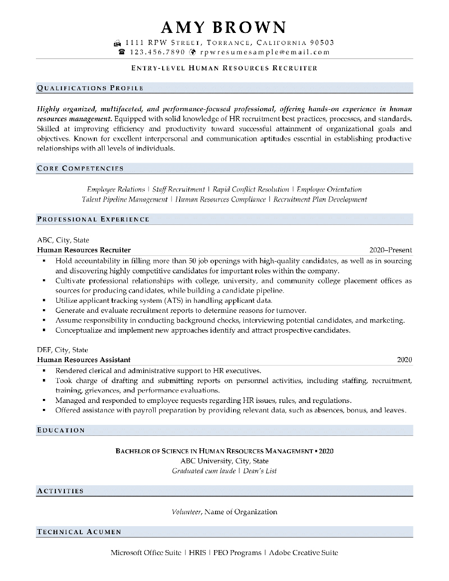 entry level hr resume no experience sample