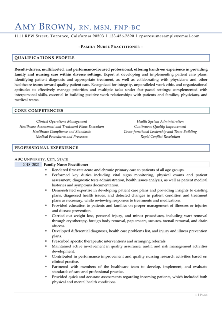 Nurse Practitioner Resume Sample From Resume Professional Writers Page 1