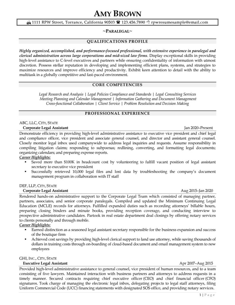 Paralegal Resume Example From Resume Professional Writers - Page 1