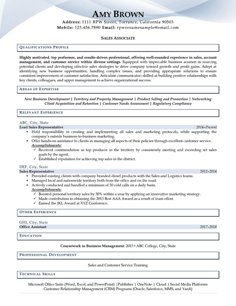 Resume Professional Writers' Sales Associate Resume Example