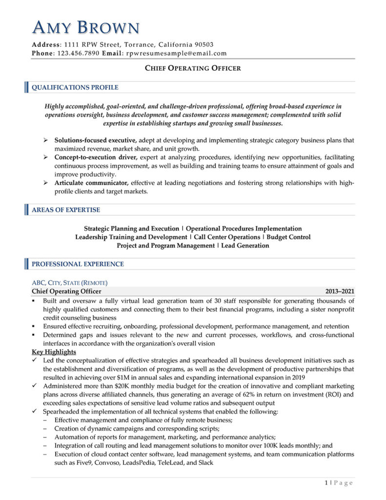 Coo Resume Example Page 1