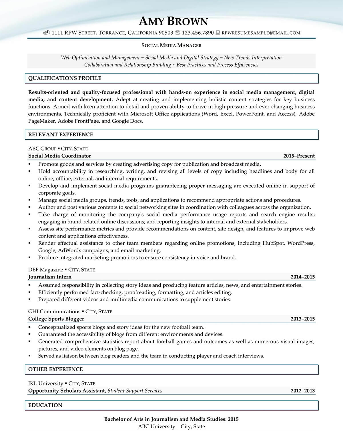 Resume Professional Writers' Social Media Manager Resume Example
